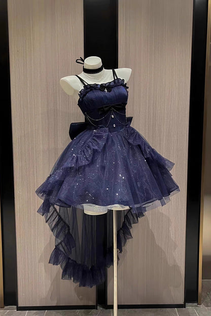 Blue Shining Bowknot Irregular Sweet Princess Gorgeous Lolita Jsk Dress (Include Train)