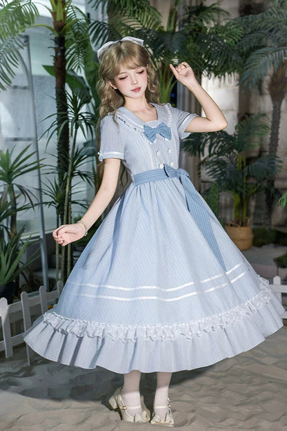 Blue [Seven Day Bell] Navy Collar Short Sleeves Printed Ruffled Bow Sweet Lolita Dress 2 Versions