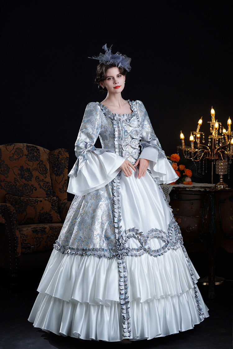 Blue Square Collar Long Trumpet Sleeves Double-Layered Ruffled Embroidered Open-Front Bow Classic Vintage Palace Lolita Victorian Dress