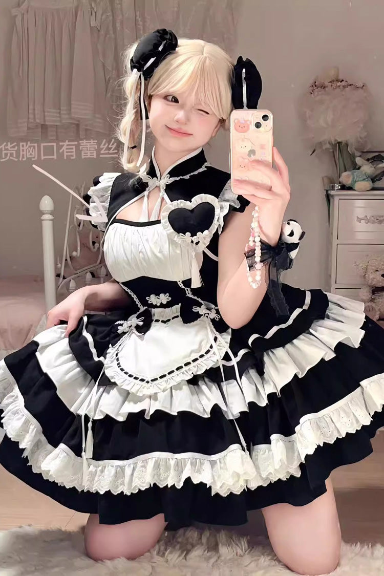 Black/White Multi-Layered Ruffle Sweet Chinese Style Maid Cheongsam Lolita Dress