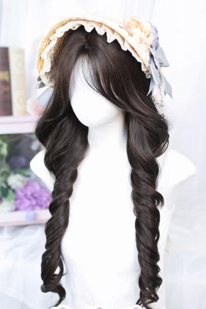 Black Tea Brown Long Curly Wig Light Wispy Bangs Sweet Lolita Style