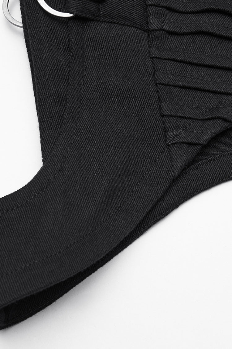 Black Stand Collar Sleeveless Hooded Zipper Pleated Women's Punk Short Vest