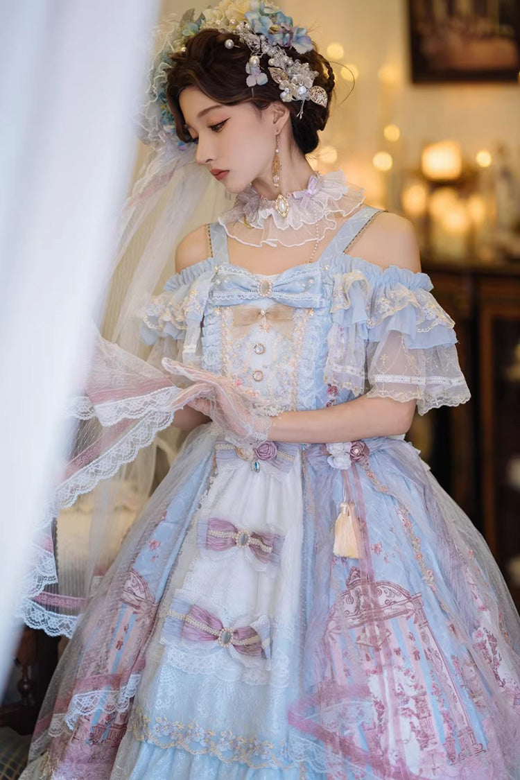 Blue [Moonlight Melody] Off Shoulder Sleeveless Multi-Layered Hanayome Open-Front Bow Lace Sweet Gorgeous Lolita Jsk Dress Set