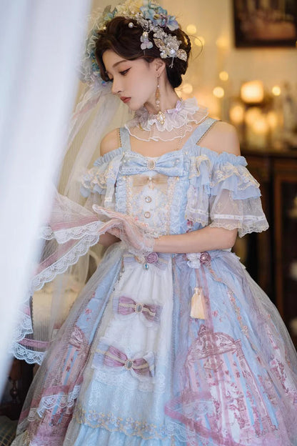Blue [Moonlight Melody] Off Shoulder Sleeveless Multi-Layered Hanayome Open-Front Bow Lace Sweet Gorgeous Lolita Jsk Dress Set
