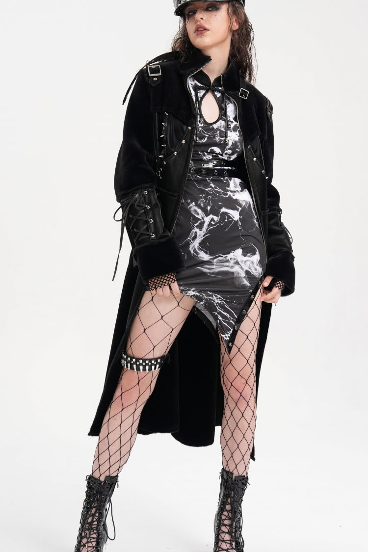 Black Women's Buckle-up Studs Eyelets Gothic Coat
