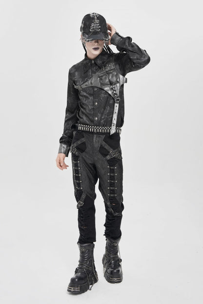 Black Ripped Buckle Straps Men's Punk Pants