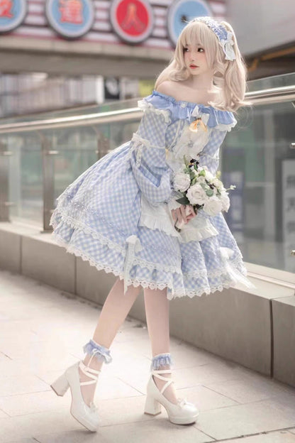 Blue Plaid Print Long Sleeves Bowknot Lace Sweet Lolita Dress