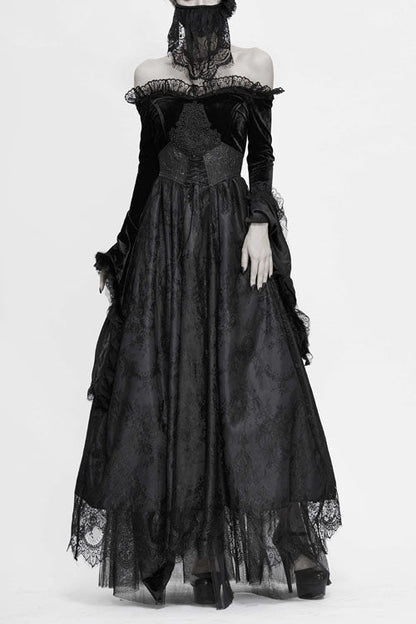 Black Sexy Off Shoulder Lace Pleated Womens Formal Gothic Long Dress With Fur Collar