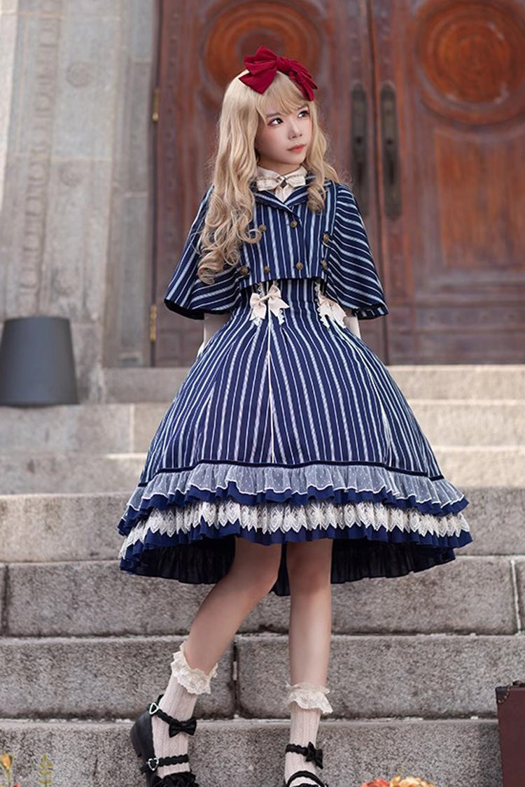 Blue Multi-layer Stripe Print Ruffle Sweet Lolita Jsk Dress