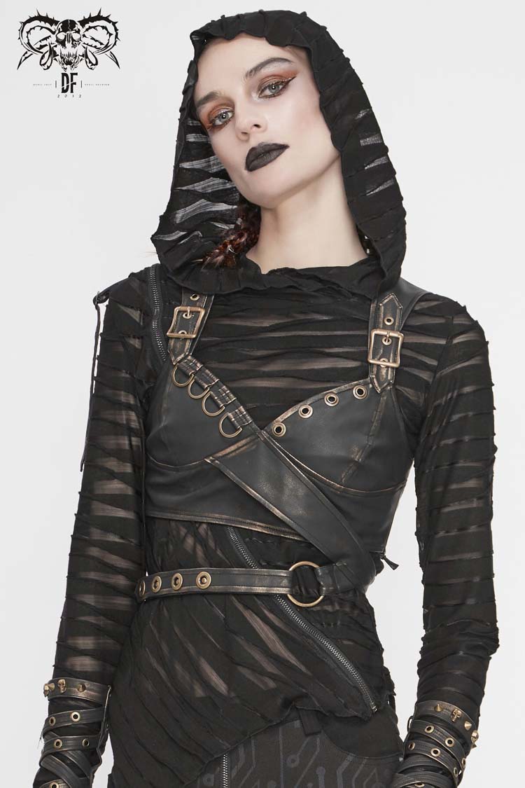 Brown Vintage Hand Wiped Leather Shoulder Loop Backless Lace Up Short Women's Punk Waistcoat