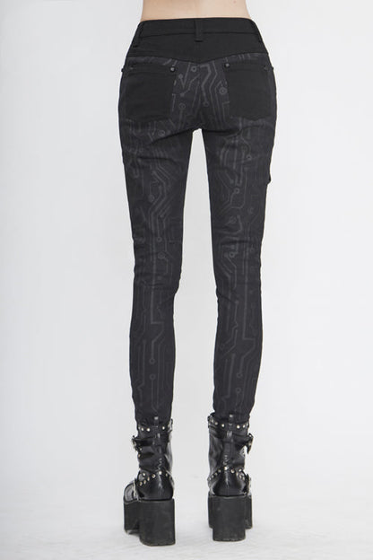 Black Punk Circuit Printed Leather Loops Womens Pants