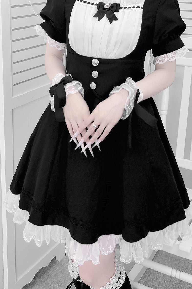 Black/White Short Sleeves Ruffle Bowknot Cross Waist Maid Sweet Japanese Lolita Dress Set