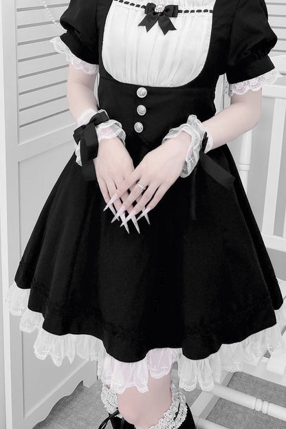 Black/White Short Sleeves Ruffle Bowknot Cross Waist Maid Sweet Japanese Lolita Dress Set