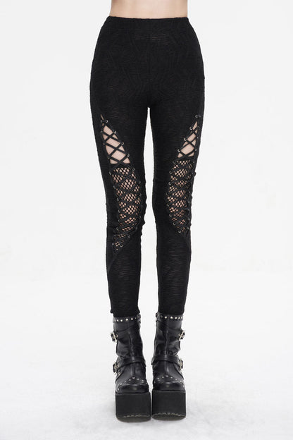 Black Strappy Mesh Splice Ruched Women's Punk Leggings