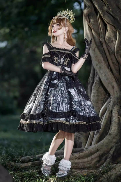 Black [Castle Feast] Print Ruffle Bowknot Gothic Princess Lolita Jsk Dress