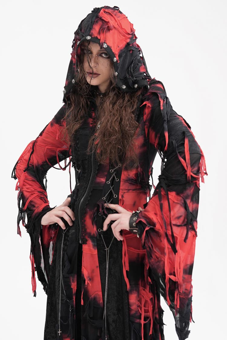 Black/Red Long Sleeves Lace Ripped Zipper Women's Punk Coat