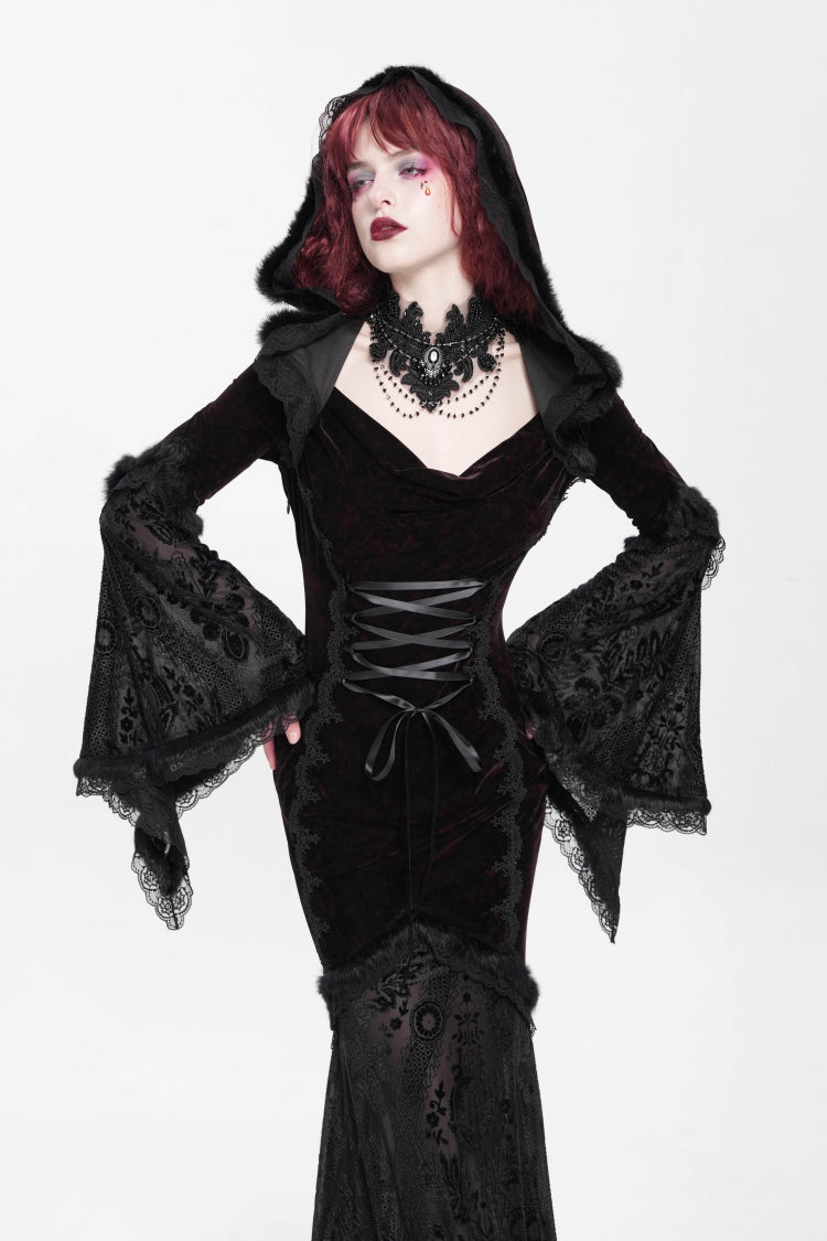 Black/Red Long Trumpet Sleeves Embroidery Stitching Lace Hooded Mesh Women's Gothic Dress