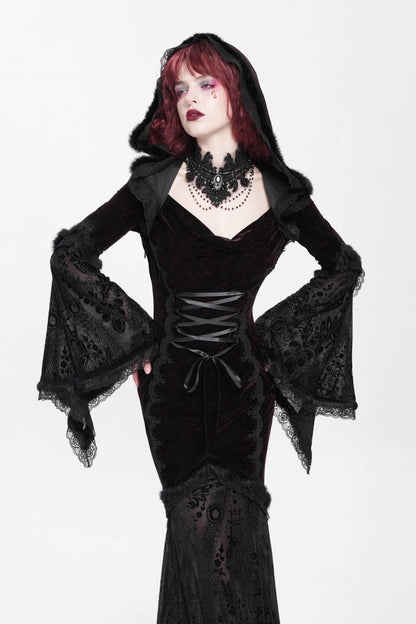 Black/Red Long Trumpet Sleeves Embroidery Stitching Lace Hooded Mesh Women's Gothic Dress