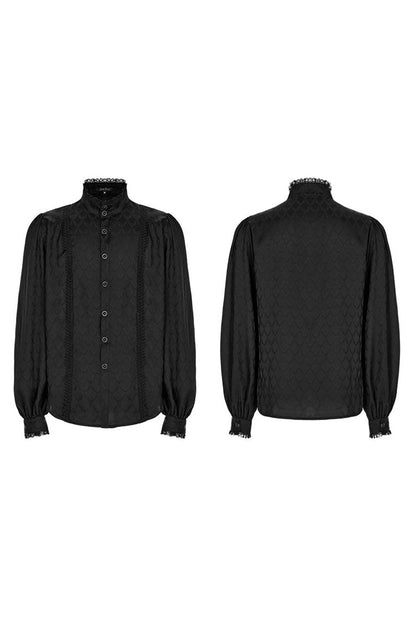 Black Punk Turtleneck Dragon Scale Jacquard Long Lantern Sleeves Lace Edge Men's Shirt