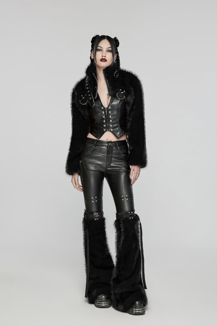 Black Stand Collar Long Sleeves Women's Punk Faux Fur Short Jacket