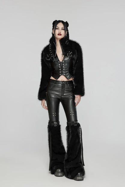 Black Stand Collar Long Sleeves Women's Punk Faux Fur Short Jacket