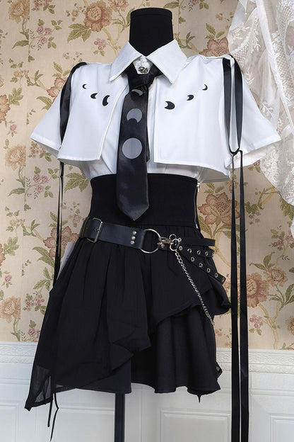 Black/White Short Sleeves Ruffle Asymmetric Gothic Jirai Kei Skirt Blouse Set