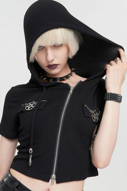 Black Punk Front Metal Zipper Pentagram On Both Sides Hooded Women's T-Shirt
