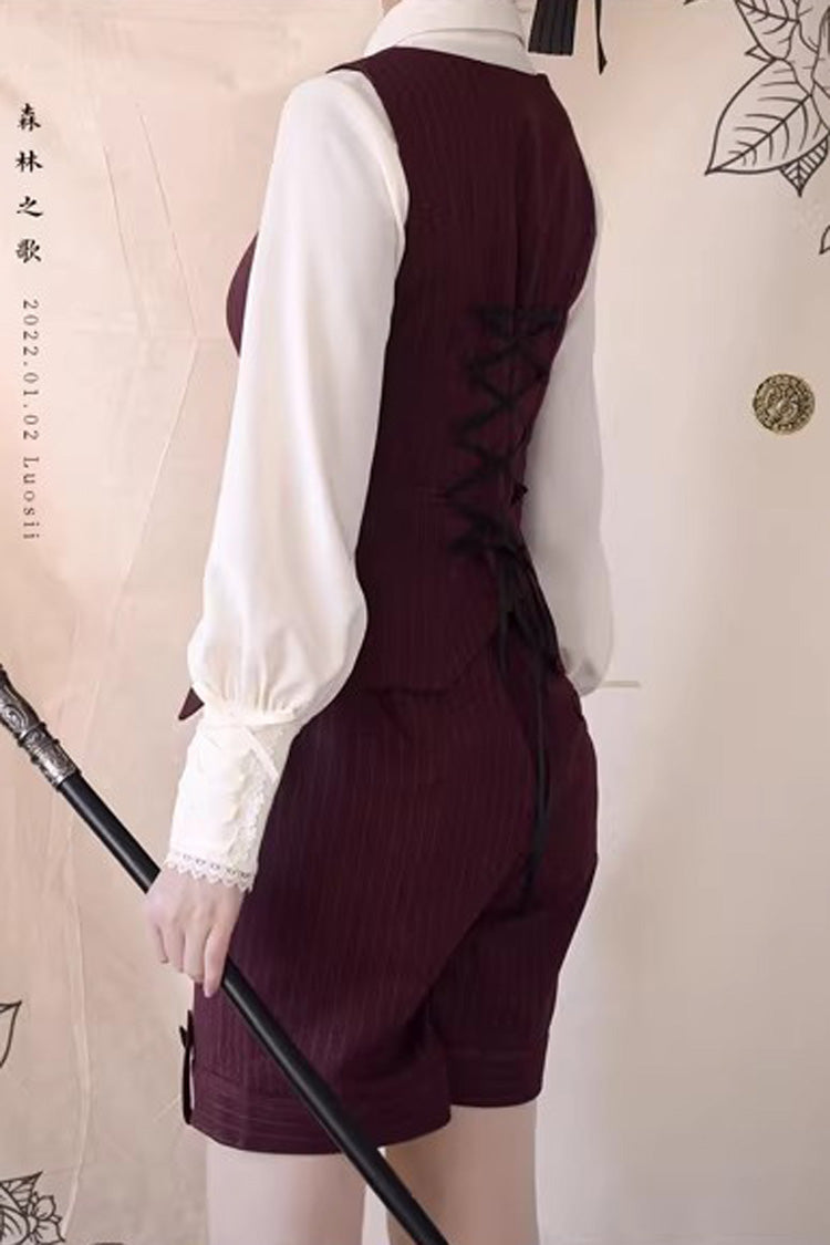 Red [Griffin’s Pact] Bust Support Striped Printed Gothic Ouji Lolita Shorts Vest Set