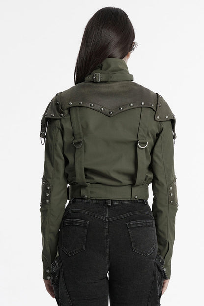 Green Stand Collar Long Sleeves Stitching Faux Leather Women's Gothic Military Jacket