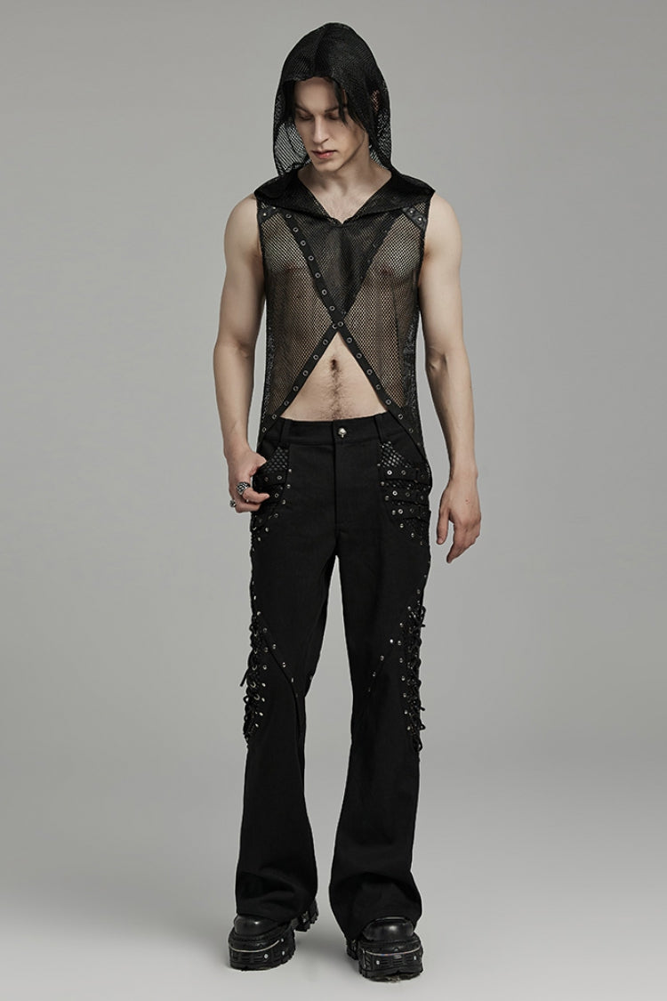 Black Sleeveless Irregular Hooded Mesh Eyelet Men's Punk Vest