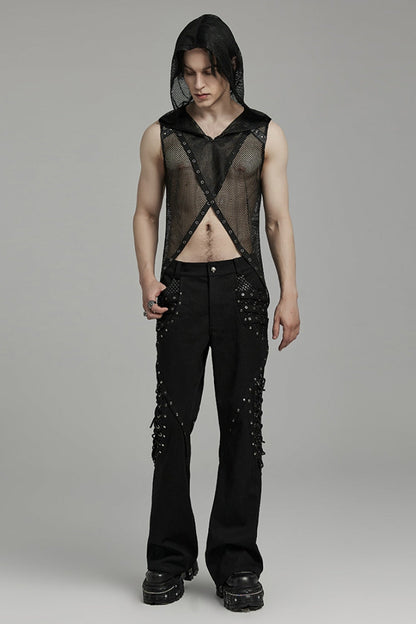 Black Sleeveless Irregular Hooded Mesh Eyelet Men's Punk Vest