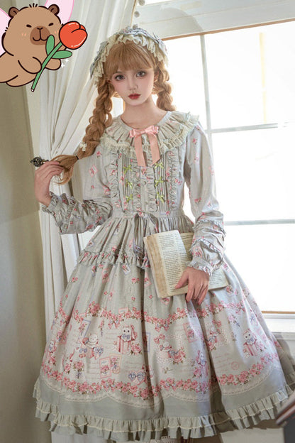 Sweet Long Sleeves FloralPrinted Ruffled Bow Plus Size Elegant Lolita Dress 2 Colors