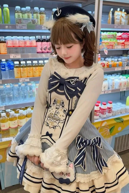 Blue/Ivory [Ride the Wind and Waves] Double-Layered Printed Ruffled Bow Lace Sweet Lolita Jsk Dress Set (Coat Included)