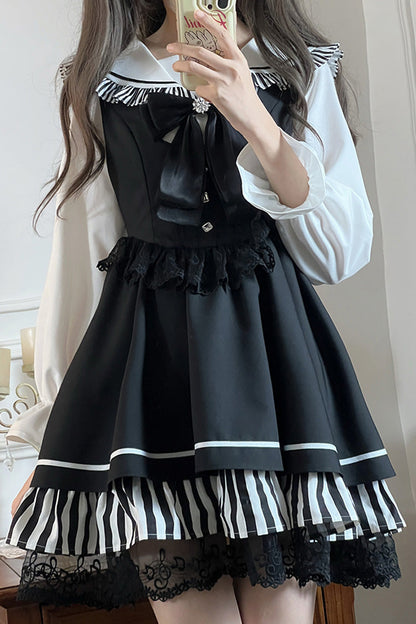Black [Twilight Song] Stripe Print Bowknot Lace Jirai Kei Jumper Dress