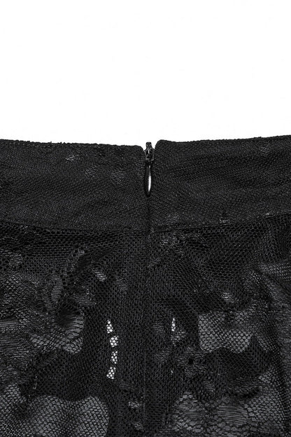 Black Stand Collar Short Sleeves Ruffle Hollow Embroidery Lace Sheer Women's Gothic Blouse