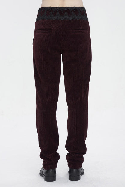 Red High Waisted Lace Splice Men's Gothic Pants