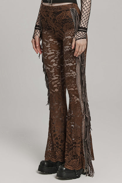 Lace Sheer Mesh Tassels Women's Gothic Flared Pants 2 Colors