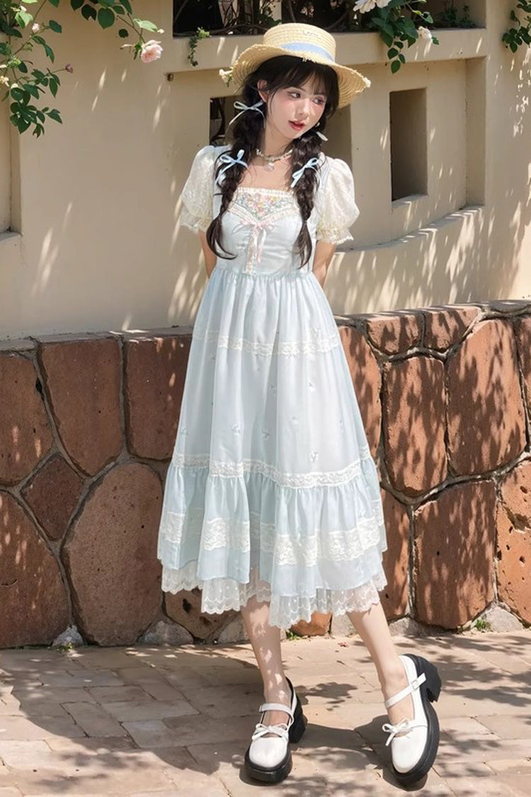Blue Short Sleeves Embroidery Bowknot Lace Sweet Princess Lolita Dress