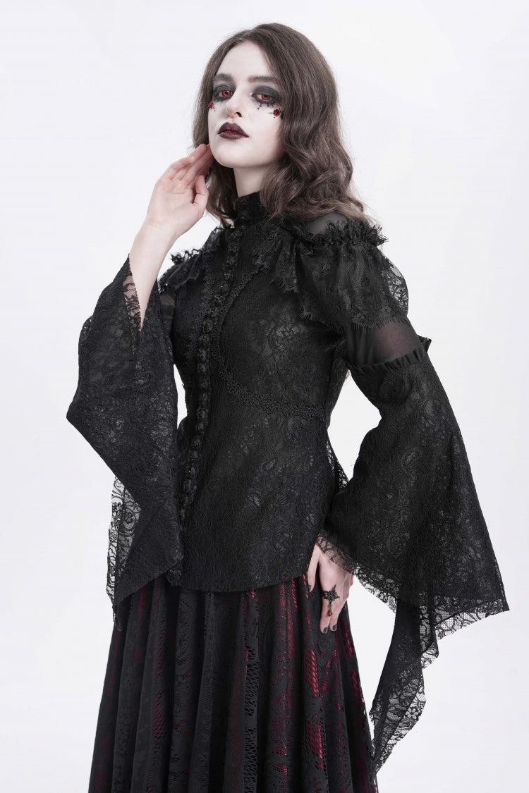 Black Stand Collar Long Trumpet Sleeves Embroidery Stitching Lace Women's Gothic Blouse