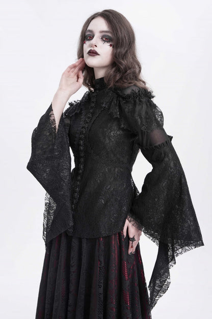 Black Stand Collar Long Trumpet Sleeves Embroidery Stitching Lace Women's Gothic Blouse