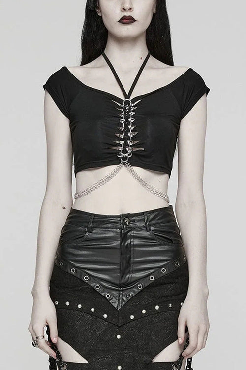 Black Short Sleeves Hollow Metal Chain Womens Steampunk Halterneck T-Shirt