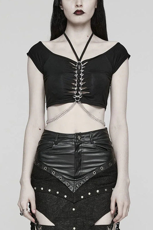 Black Short Sleeves Hollow Metal Chain Womens Steampunk Halterneck T-Shirt