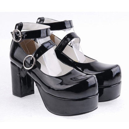 Black Synthetic Leather Round Toe Cross Straps Platform Lolita Shoes