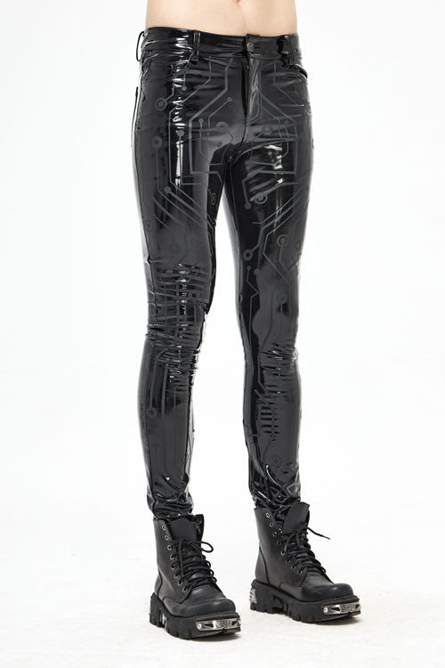 Black Punk Circuit Printed High Quality Stretchy Leather Tight Mens Pants
