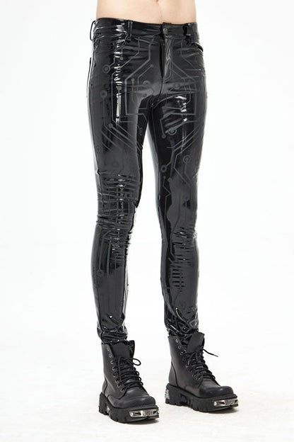 Black Punk Circuit Printed High Quality Stretchy Leather Tight Mens Pants