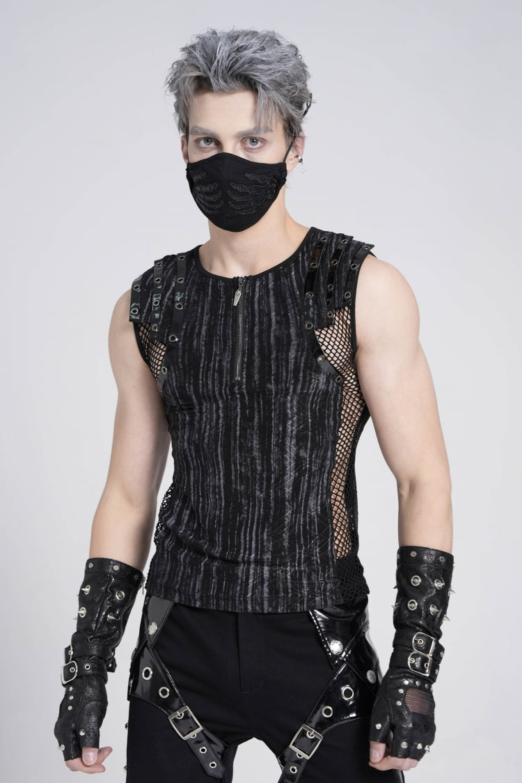 Black Sleeveless Ribbed Print Stitching Mesh Zipper Men's Gothic Vest