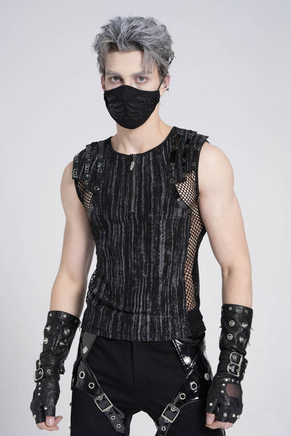 Black Sleeveless Ribbed Print Stitching Mesh Zipper Men's Gothic Vest