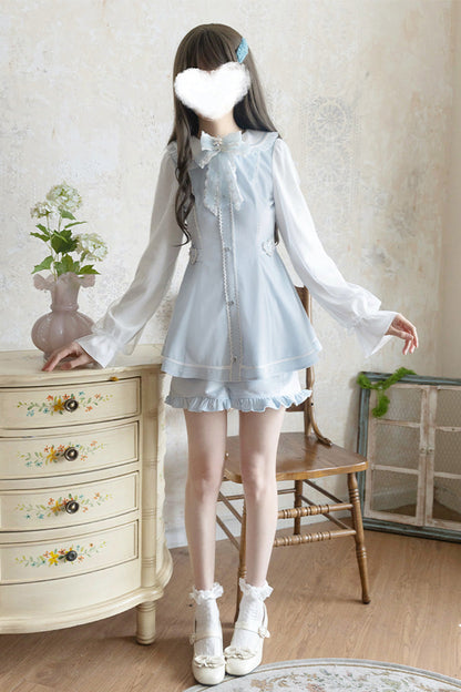 Blue Long Sleeves Ruffle Bowknot Lace Sweet Jirai Kei Dress Set