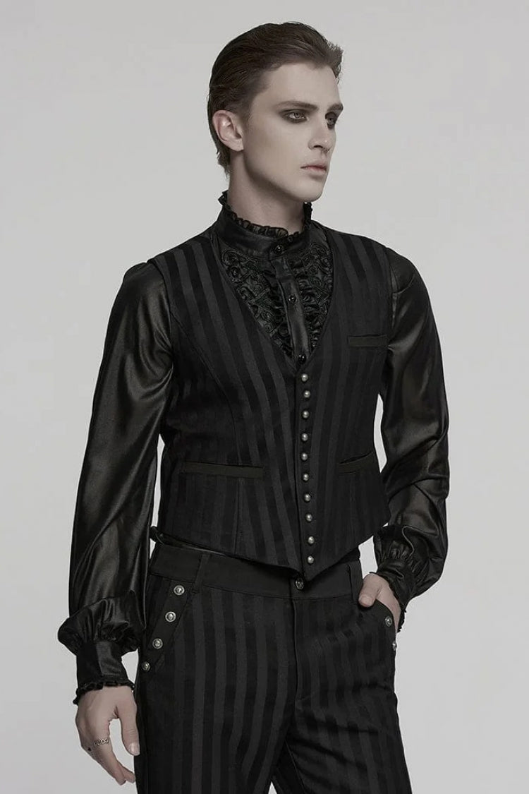 Black V Collar Sleeveless Striped Print Buckle Men's Punk Vest