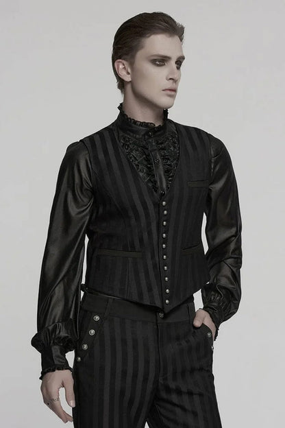 Black V Collar Sleeveless Striped Print Buckle Men's Punk Vest